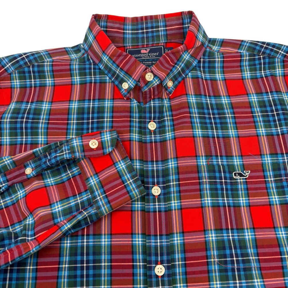 Vineyard Vines Large‎ Red Blue Plaid Long Sleeve Button Down Slim Tucker Shirt